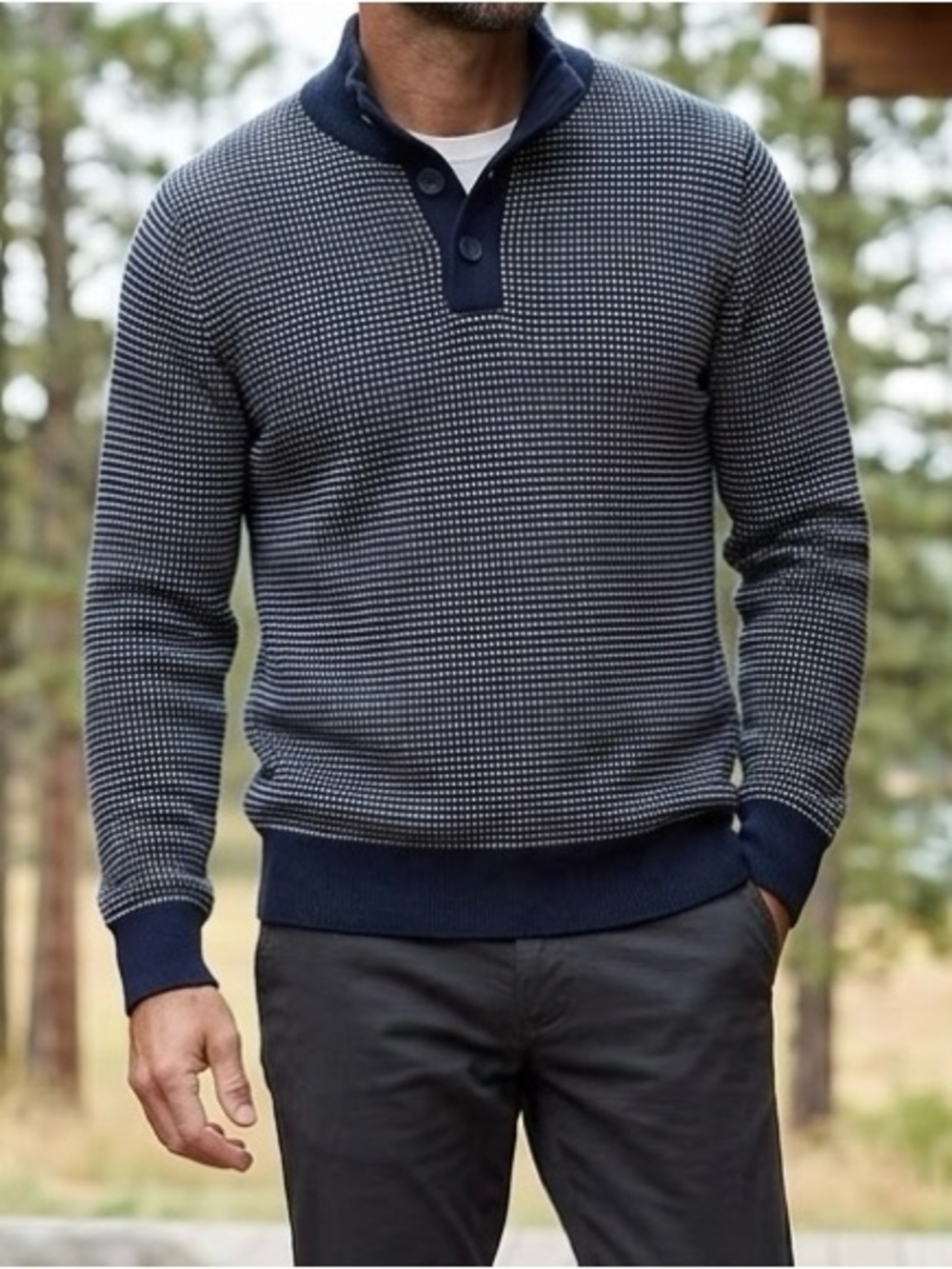 L.L. Bean Birdseye Cotton Cashmere Button Neck Sweater Navy Blue Small Reg